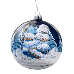 Weihnachtskugeln-Glaskugel dunkelblau glänzend Winterlandschaft, 10 cm