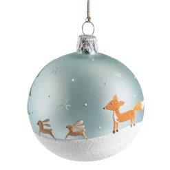 Weihnachtskugeln-Glaskugel graublau matt, "Tiere im Schnee", 7 cm