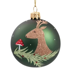 Weihnachtskugeln-Glaskugel grün matt mit Hirsch und Pilz, 7 cm