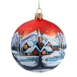 Weihnachtskugeln Aus Glas|Weihnachtskugeln-Glaskugel rot matt mit Dorf im Schnee, 10 cm