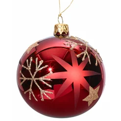 Weihnachtskugeln-Glaskugel rot mit goldenen Sternen und Flocken, 8cm