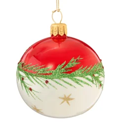 Weihnachtskugeln|Weihnachtskugeln Aus Glas-Glaskugel rot-weiß mit Zweig und Sternchen, 6 cm