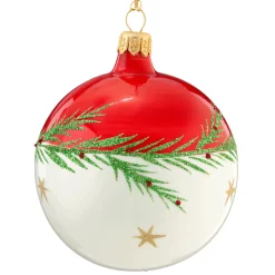 Weihnachtskugeln|Weihnachtskugeln Aus Glas-Glaskugel rot-weiß mit Zweig und Sternchen, 8 cm