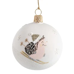 Weihnachtskugeln-Glaskugel weiß matt mit Igel auf Ski, 7 cm