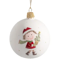 Weihnachtskugeln-Glaskugel weiß matt mit Mädchen mit Bäumchen, 7 cm