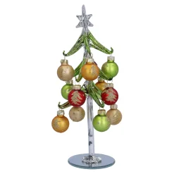 Standfiguren|Wohndeko-Grüner Glasbaum mit bunten Kugeln, 23 cm