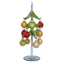 Standfiguren|Wohndeko-Grüner Glasbaum mit bunten Kugeln, 23 cm